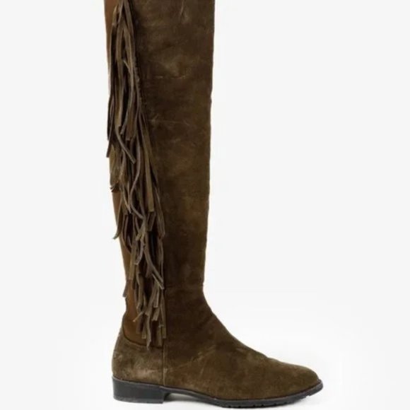 Stuart Weitzman 5050 Mane Fringe Olive Suede Leather OTK Boots - Picture 1 of 11